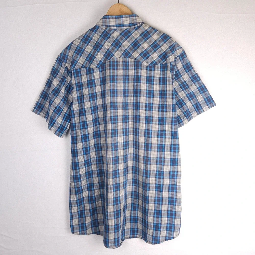 Vintage Wrangler‎ Wrancher Pearl Snap Shirt XL Blue Plaid Short Sleeve Western - Picture 6 of 8